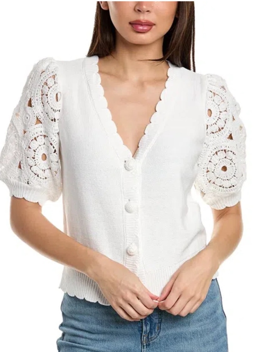 Anthropologie Crochet Bubble Sleeve V Neck Cardigan Sweater Women’s Size Medium